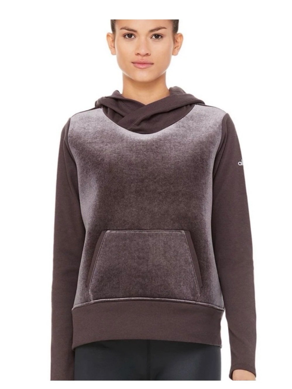 ALO Yoga Long Sleeve Block Party Hoodie. Velour Sweatshirt Raisin Purple
